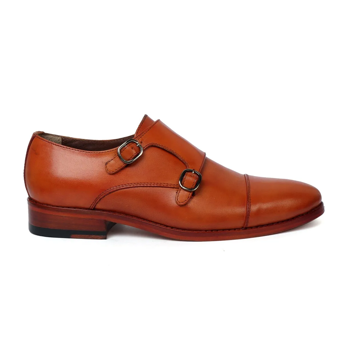 Men's Tan Leather Double Monk With Leather Sole Shoes By Brune & Bareskin