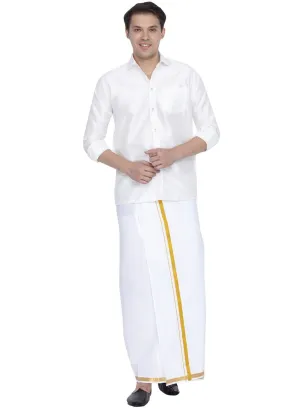 Men's White Cotton Silk Blend Shirt and Dhoti Set