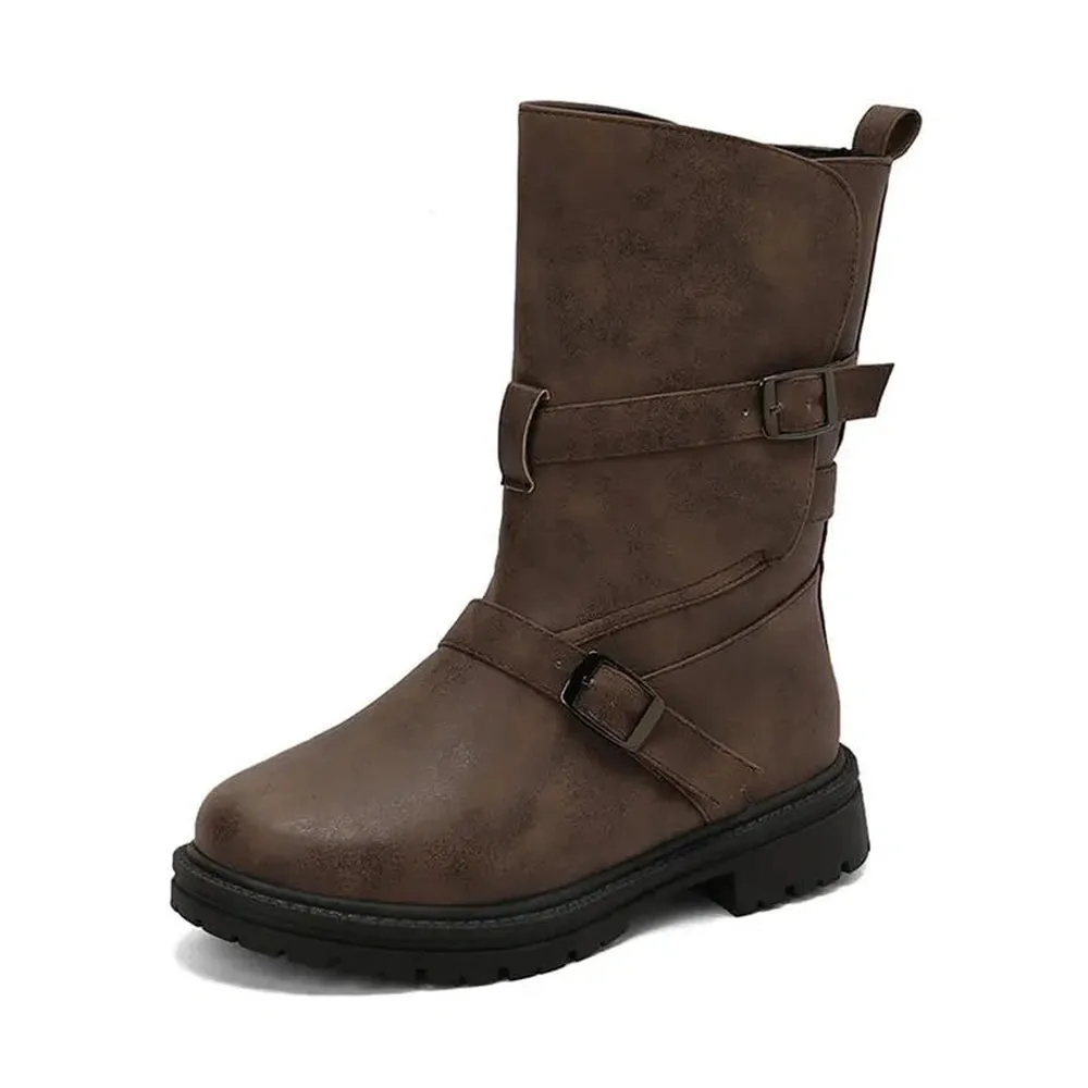 Merendy Sharm Round Toe Low Heel Warm Brown Wide-Calf Boots