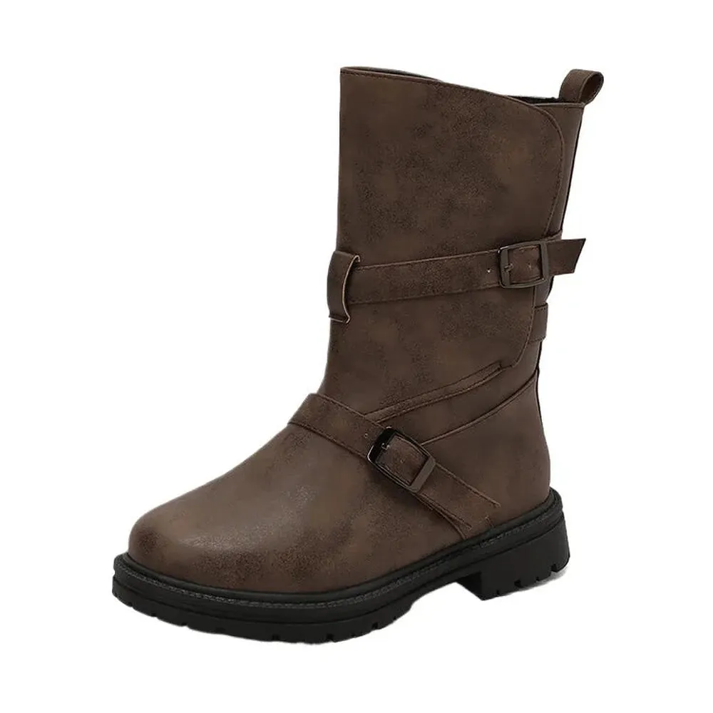 Merendy Sharm Round Toe Low Heel Warm Brown Wide-Calf Boots