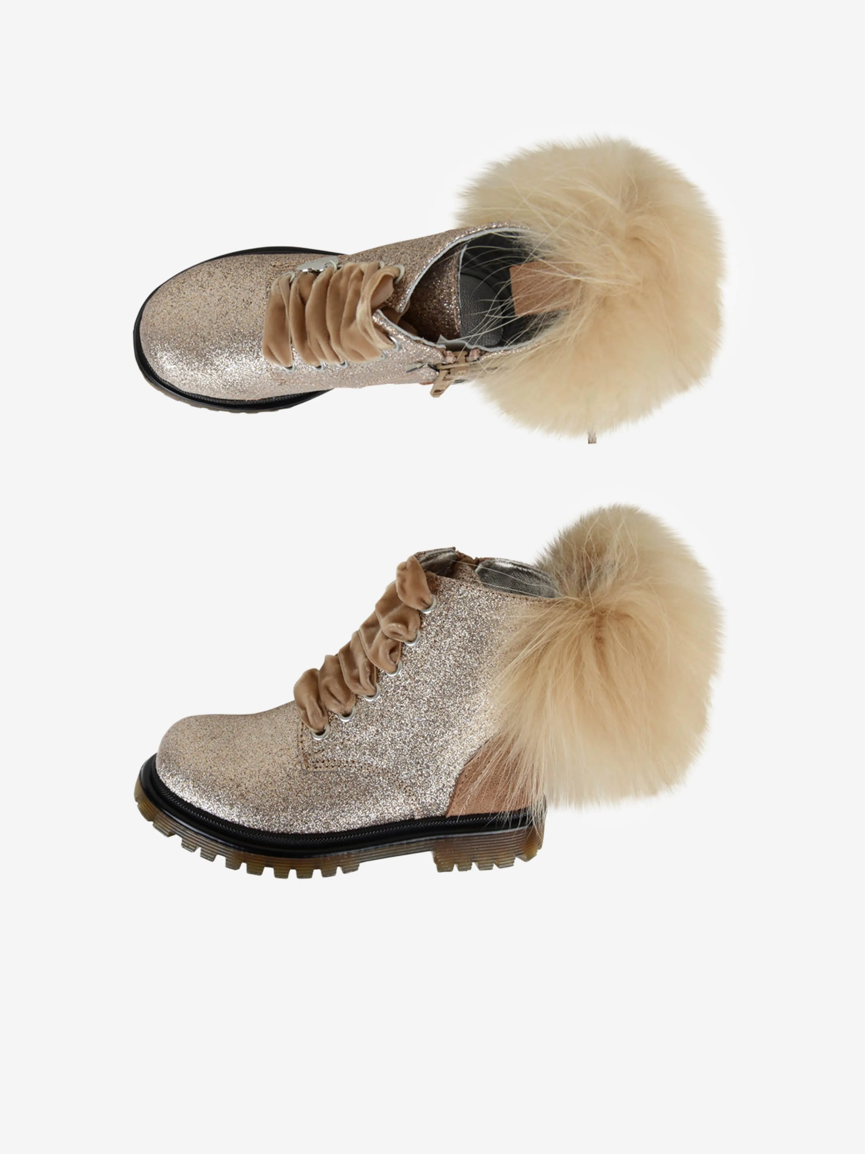 Monnalisa Nude Glitter Pom Pom Boots