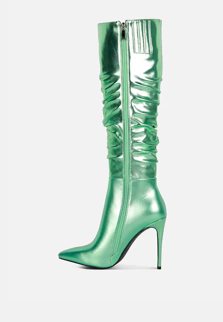 New Expression Metallic Ruched Stiletto Calf Boots