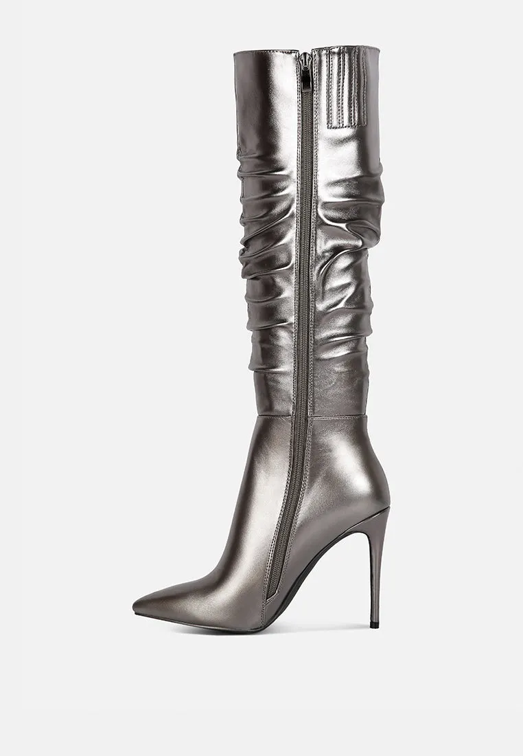 New Expression Metallic Ruched Stiletto Calf Boots