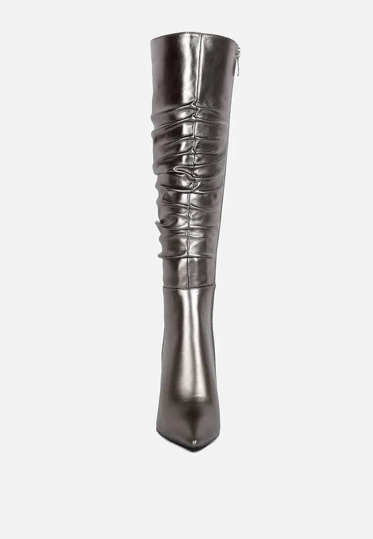 New Expression Metallic Ruched Stiletto Calf Boots