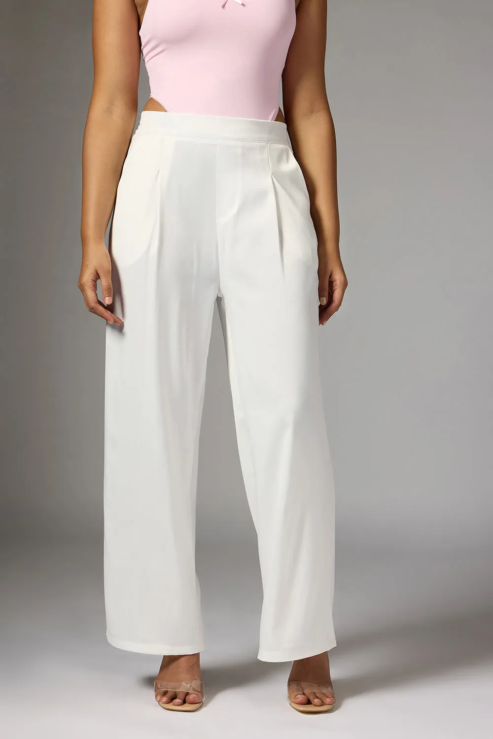 Off White Satin Straight Korean Pants