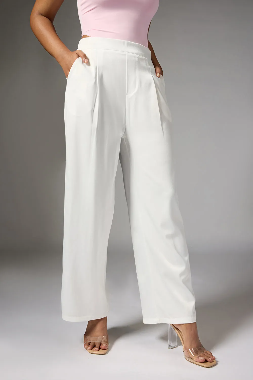 Off White Satin Straight Korean Pants