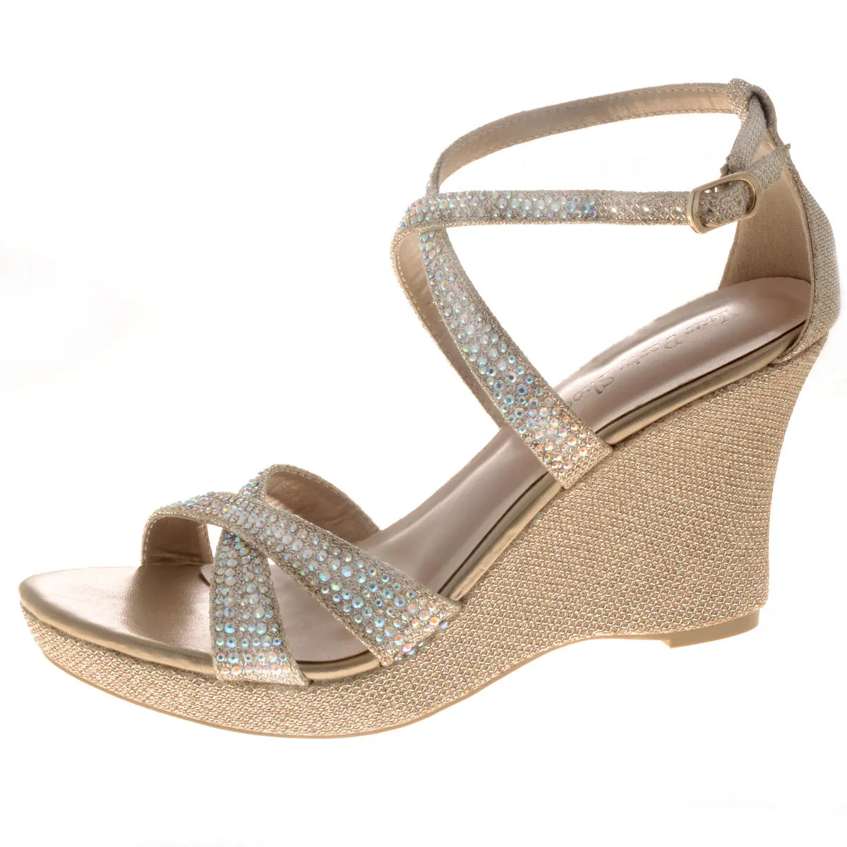 Paige Glitter Wedge Crystal Prom High Heel Strap Formal Evening Shoe Wrap Open Toe