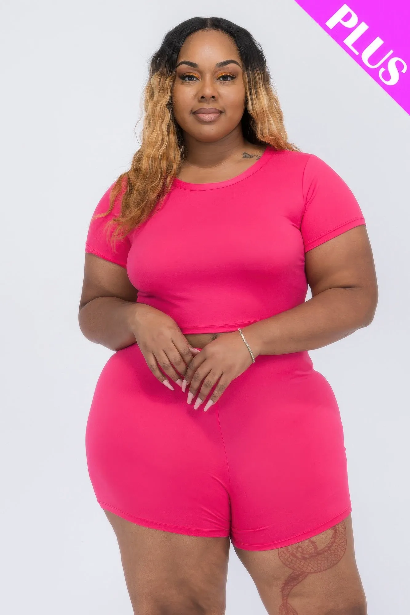 Plus Size Short Sleeve Crop Top & Shorts Set