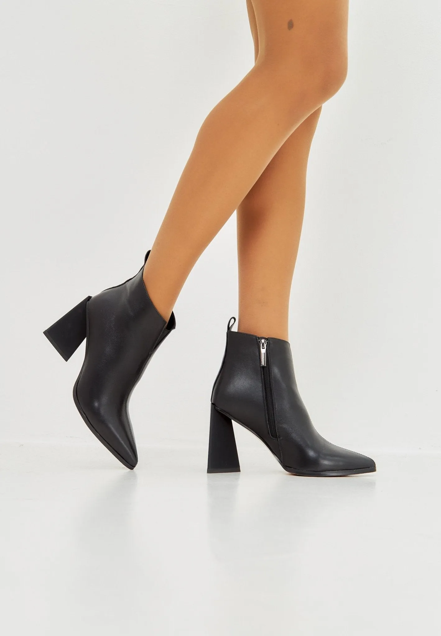 Pointed Toe Block Heel Ankle Boots - Stylish Leather Booties- Black