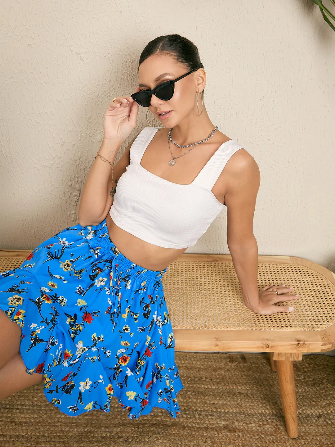 Printed Ruffled Skirt with Attached Shorts