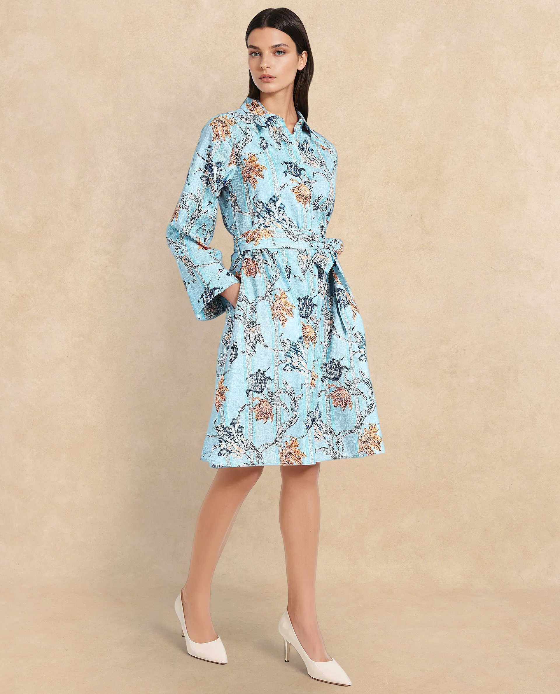 Rareism Women Riveria Dusky Blue Raglan Sleeves Collared Neck Button Closure A-Line Knee Length Floral Print Dress