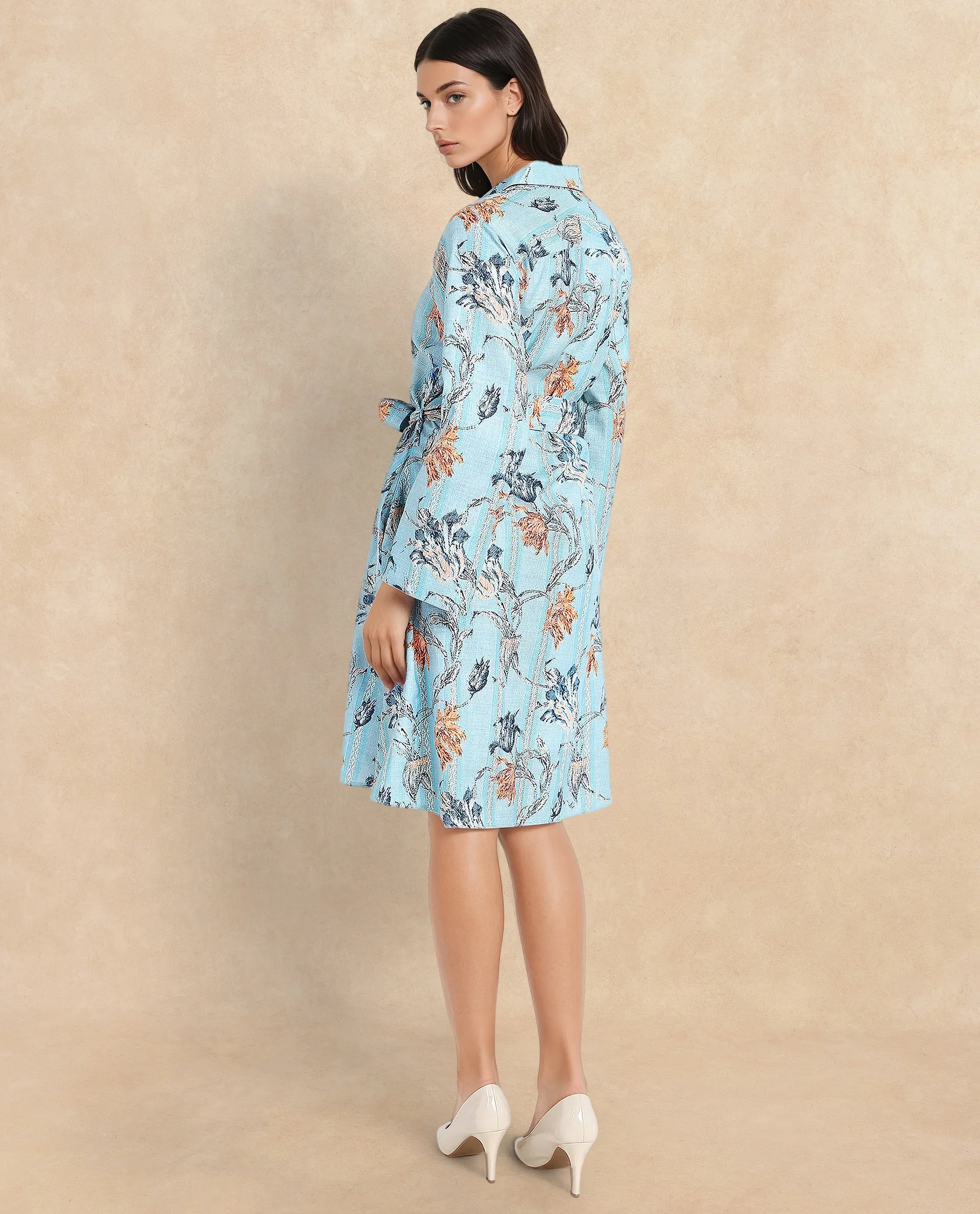 Rareism Women Riveria Dusky Blue Raglan Sleeves Collared Neck Button Closure A-Line Knee Length Floral Print Dress