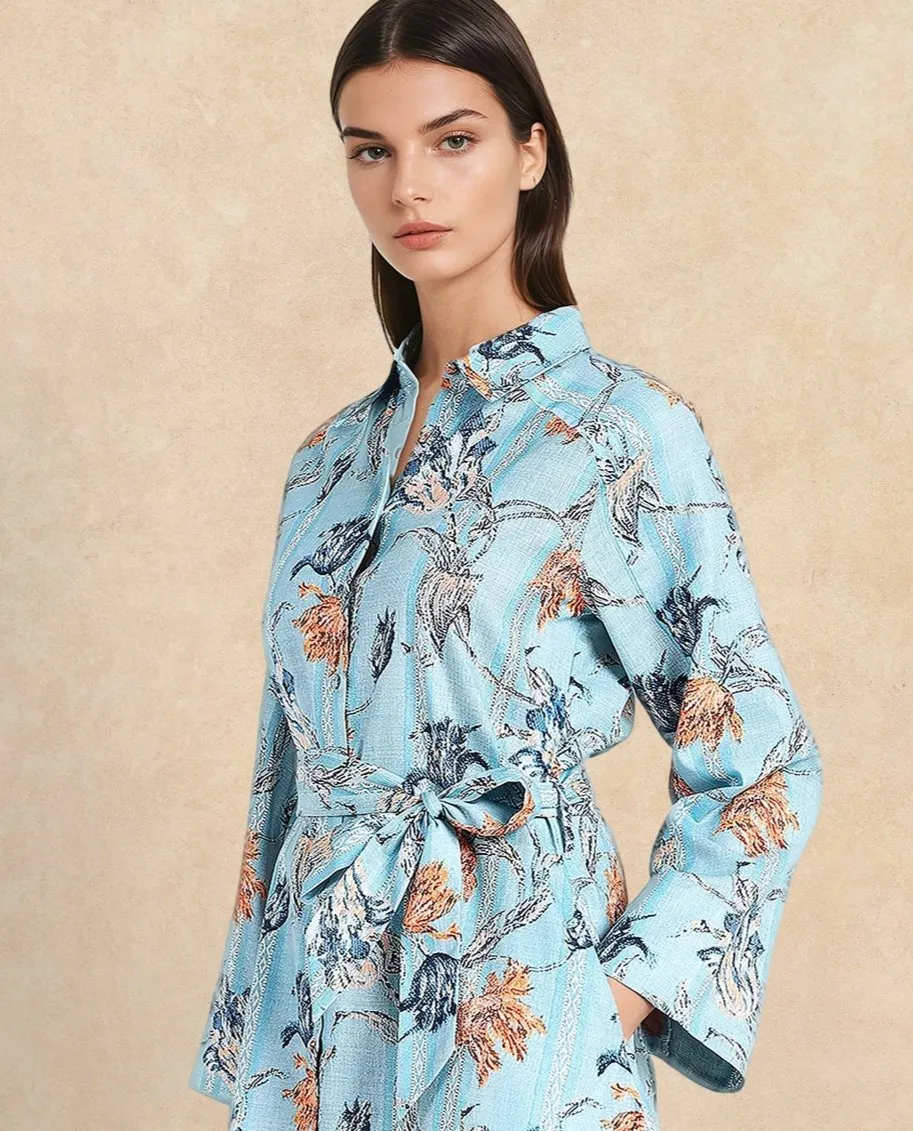 Rareism Women Riveria Dusky Blue Raglan Sleeves Collared Neck Button Closure A-Line Knee Length Floral Print Dress