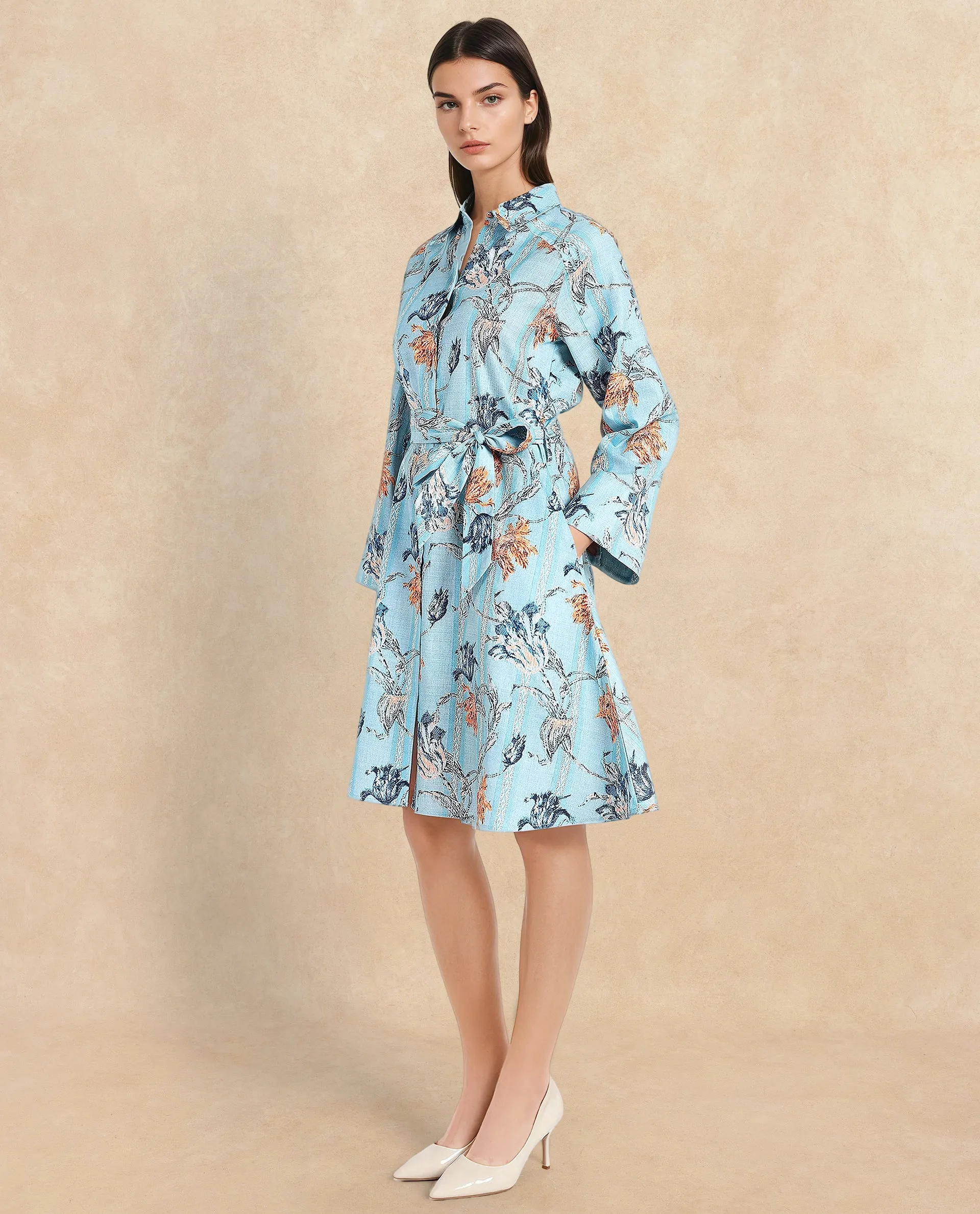 Rareism Women Riveria Dusky Blue Raglan Sleeves Collared Neck Button Closure A-Line Knee Length Floral Print Dress