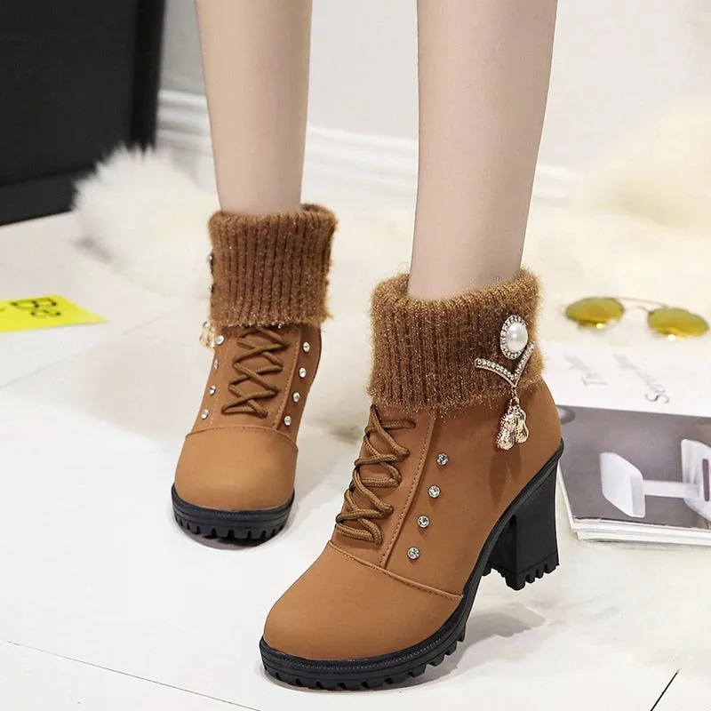 Rhinestone Fringe Chunky High Heel Lace Up Warm Lining Keep Warm Women Winter Booties