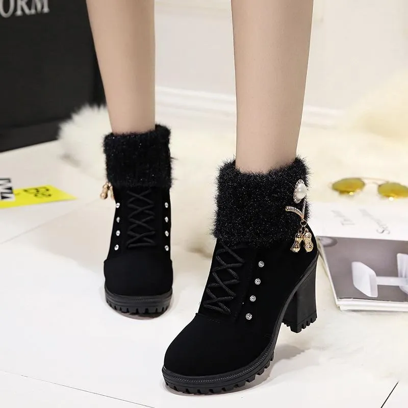 Rhinestone Fringe Chunky High Heel Lace Up Warm Lining Keep Warm Women Winter Booties