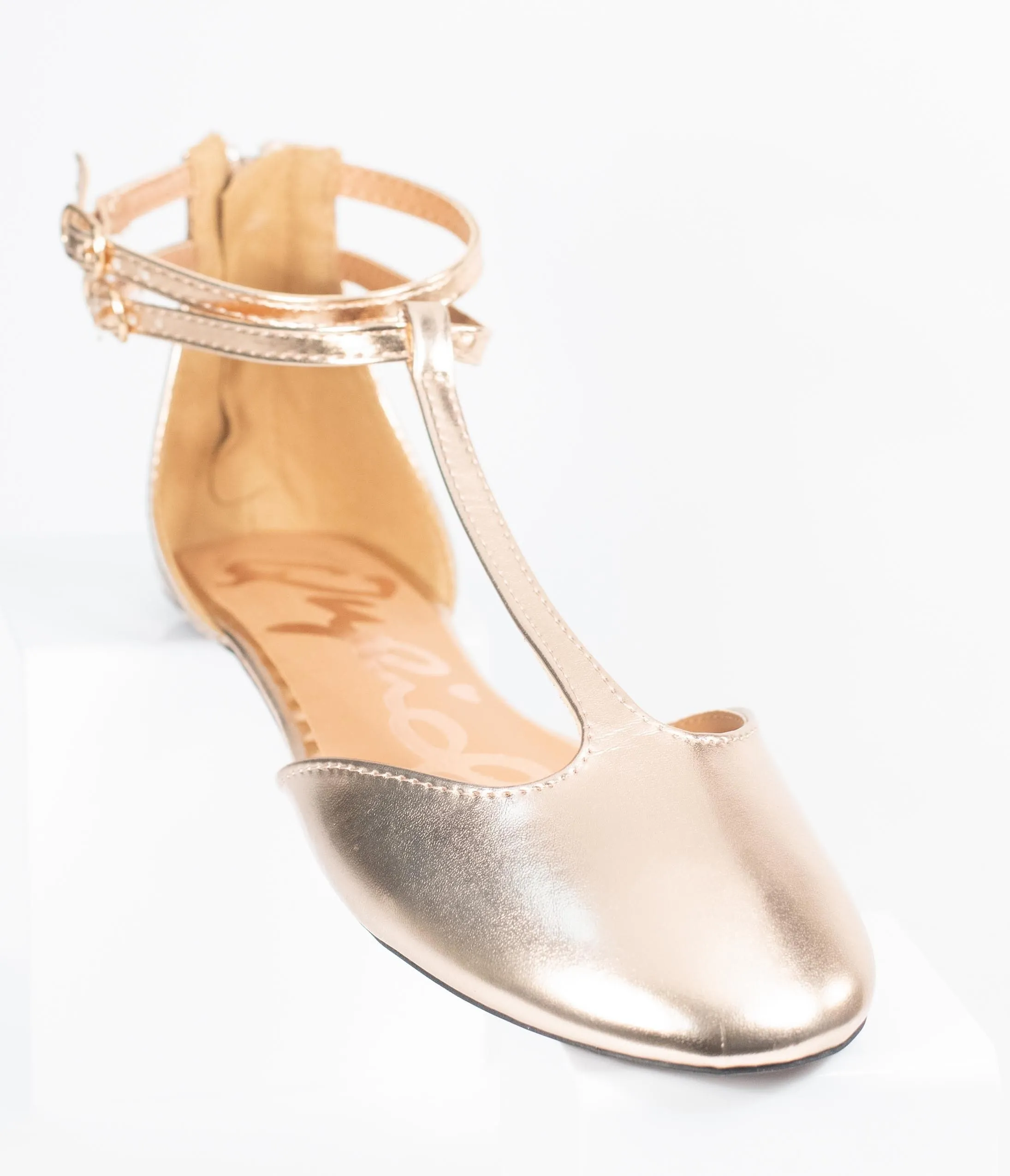 Rose Gold Patent Leatherette Bee T-Strap Flats