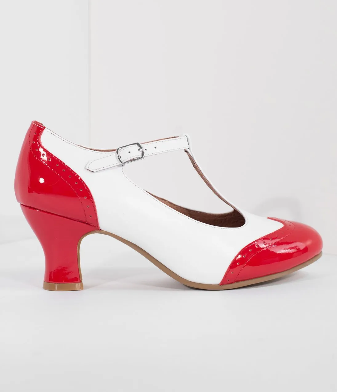 Royal Vintage 1920s Red & White Two-Tone Leather T-Strap Heels