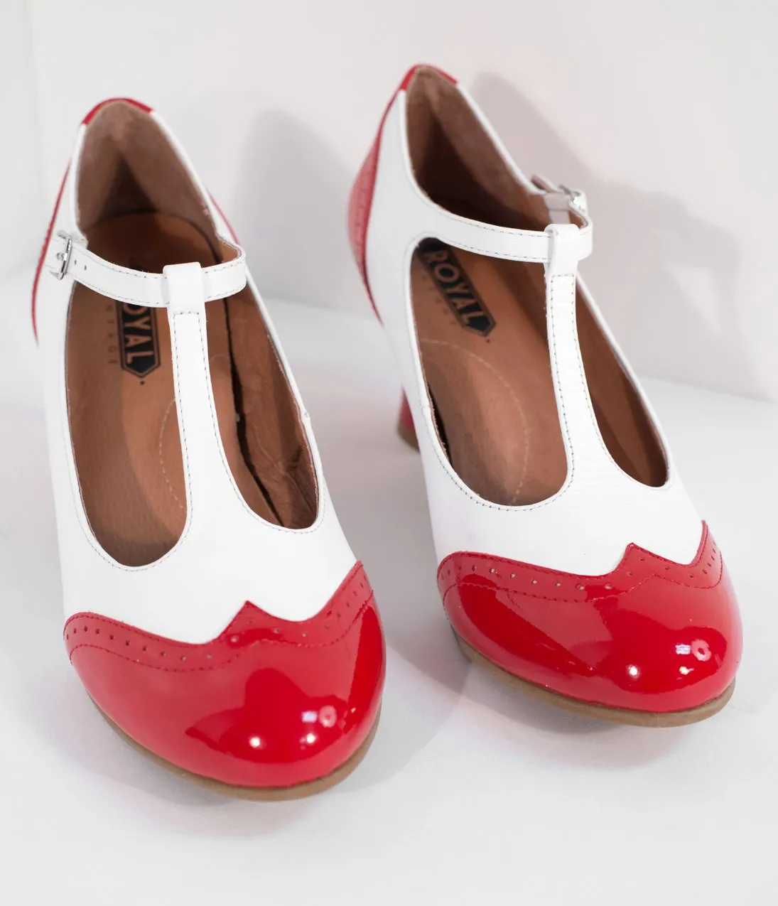 Royal Vintage 1920s Red & White Two-Tone Leather T-Strap Heels