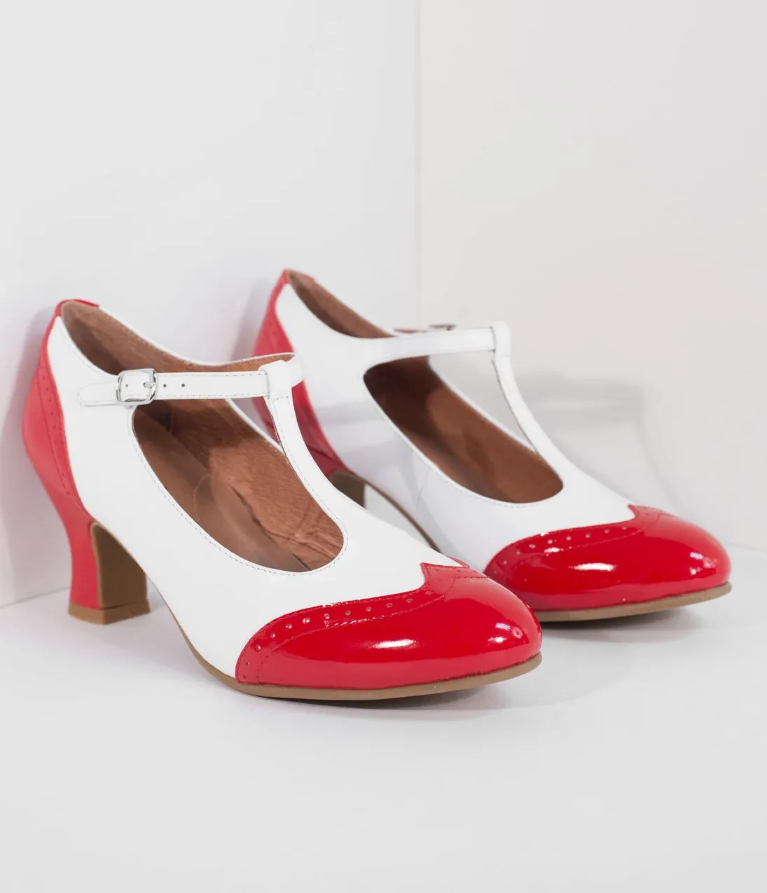 Royal Vintage 1920s Red & White Two-Tone Leather T-Strap Heels