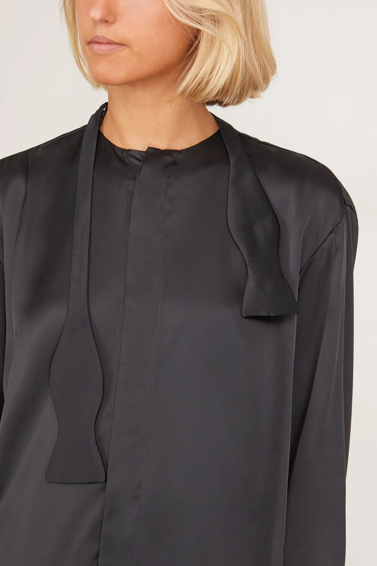 Satin Bow Tie Shirt in Black