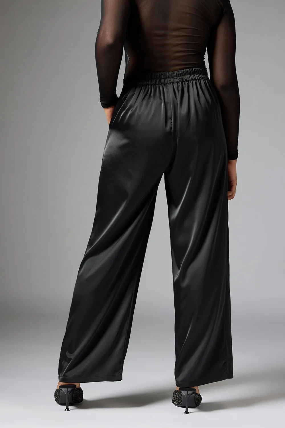 Shadow Black Satin Straight Korean Pants