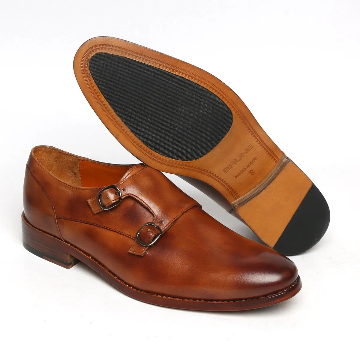 TAN CLOUDY FINISH LEATHER DOUBLE MONK SHOES BY BRUNE & BARESKIN