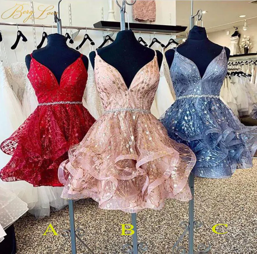 Unique Sparkly V Neck Mini Homecoming Dresses, Puffy Short Prom Dress UQH0045