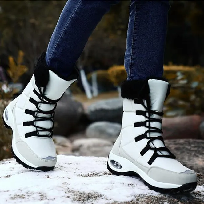 Women winter chunky platform lace up faux fur keep warm short snow boots