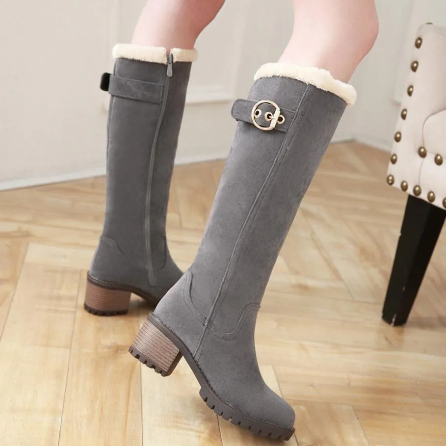 Women's knee high plush lining snow boots chunky block heel tall boots for winter