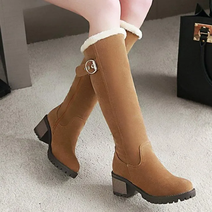 Women's knee high plush lining snow boots chunky block heel tall boots for winter