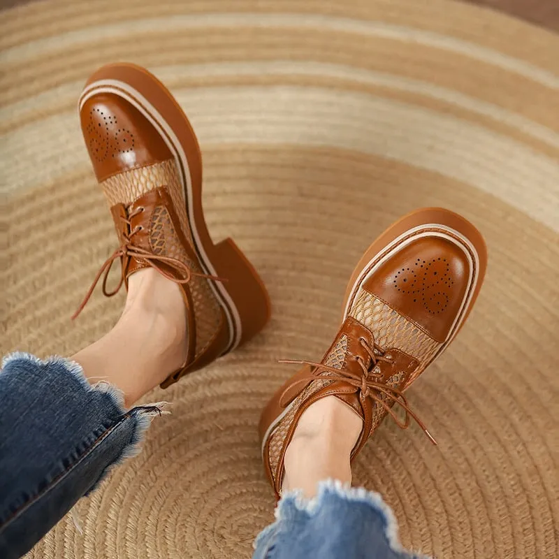 Women's Leather Platform Oxford Shoes for Summer Joining with Mesh in Brown/White