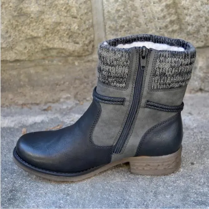 Women's sweater cuff fur lining snow boots chunky low heel warm zipper winter ankle boots